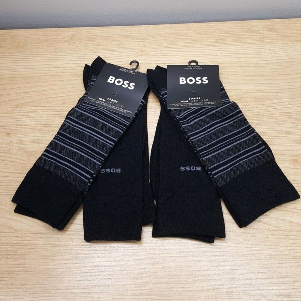HUGO BOSS Crew Dress Socks Mens 4-Pair Solid Black Stripe Cotton Blend 2-Pack x2